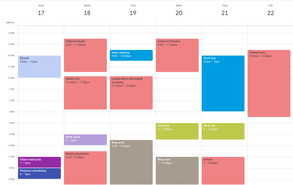 HOW TO STAY ORGANIZED - Screenshot of college student's digital calendar with class times, work times, and other time blocking colour coded