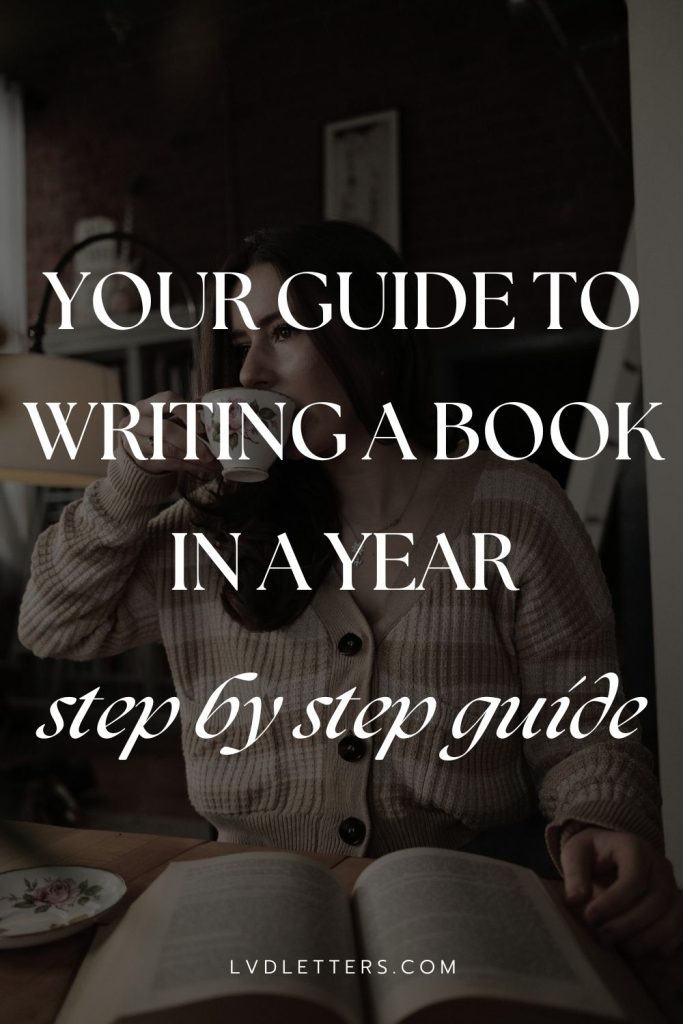 your guide to writing a book in a year - step by step guide - white text over picture of young woman sipping coffee and reading big book