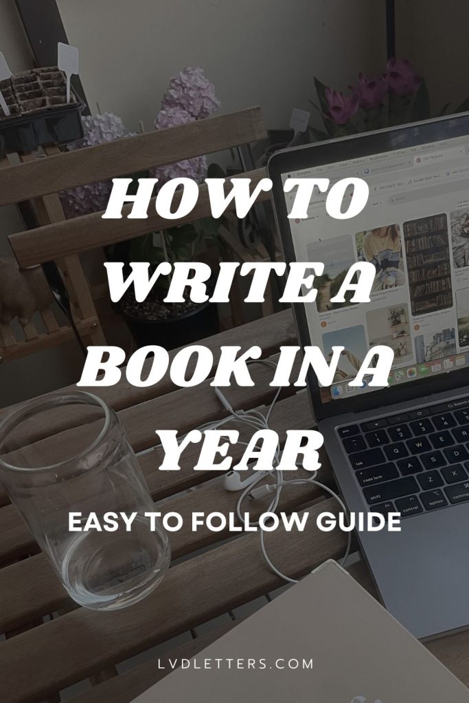 how to write a book in a year - easy to follow guide - white text over picture of laptop on desk next to water glass