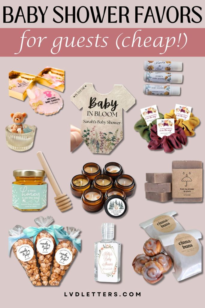 baby shower favors for guests (cheap) - collage of different baby shower favor ideas including mini candles, popcorn, seed thank you cards, honey jars, lip balm, scrunchies