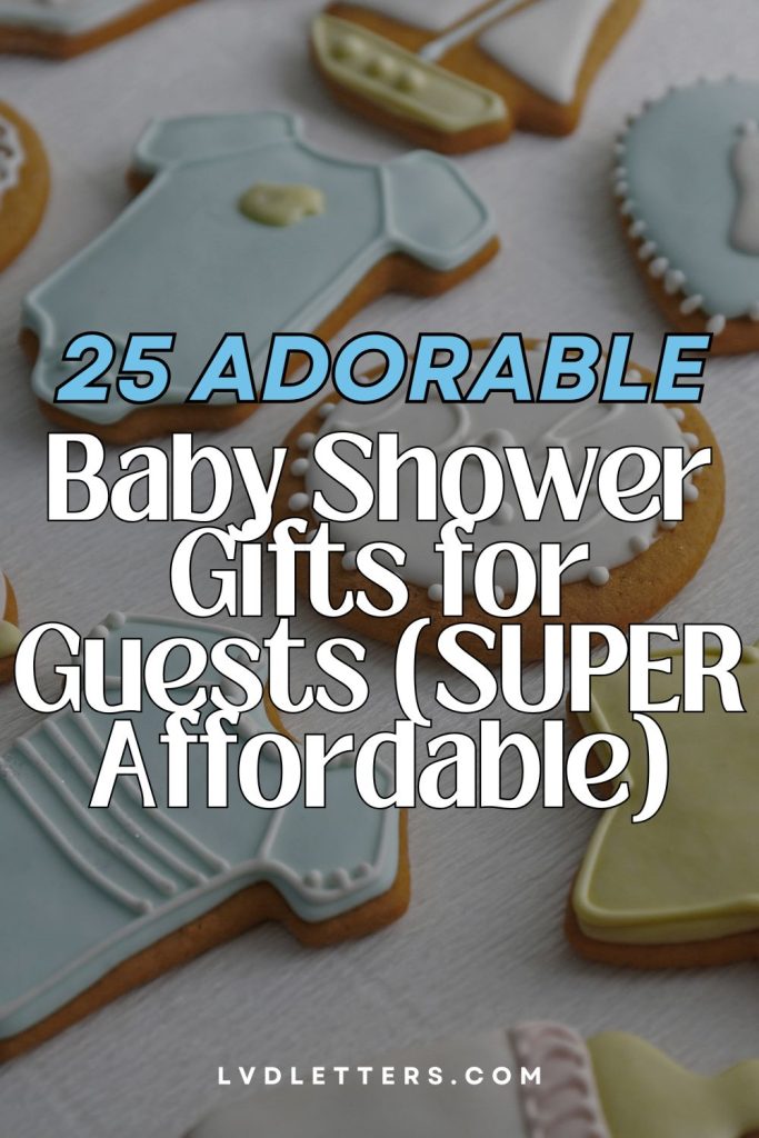 25 adorable baby shower gifts for guests SUPER affordable - blue and white text over picture of cookies shaped like onesies for baby boy shower