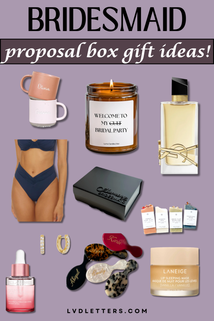 will you be my bridesmaid gift ideas - bridesmaid proposal box gift ideas - collage with personalized mugs, candle, perfume, bikini, bridesmaid box, soap, lip balm, earrings, face serum, hair brushes