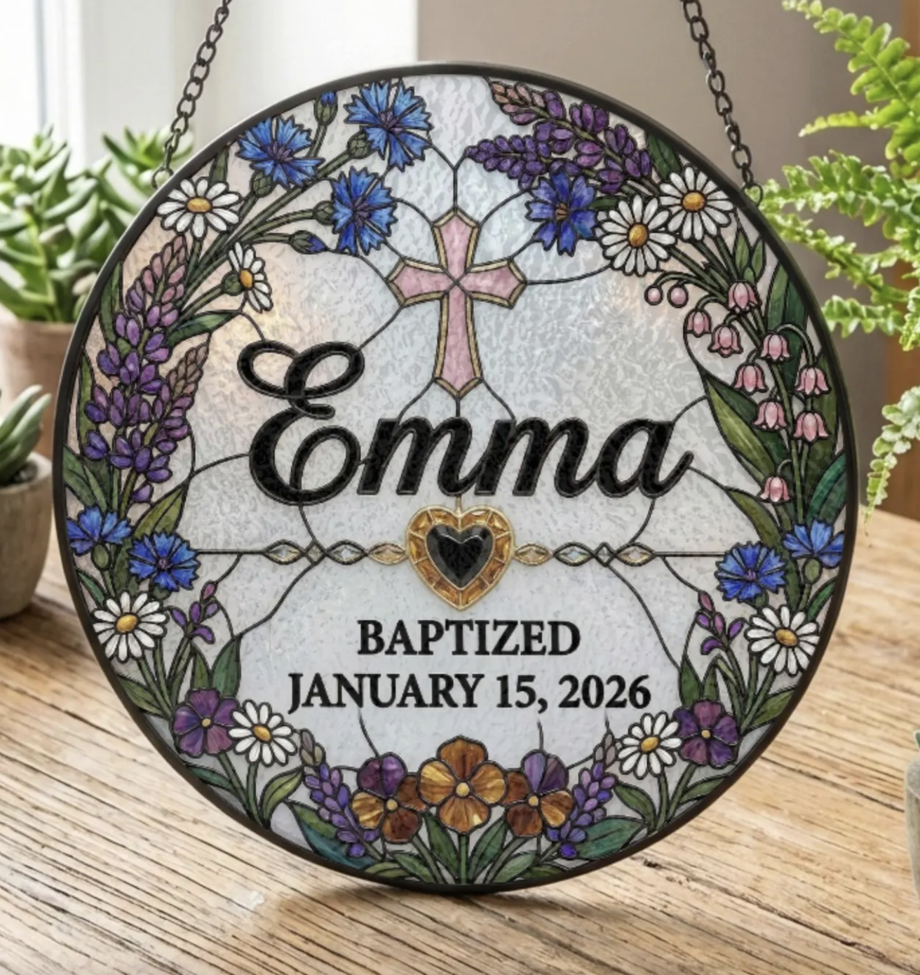 10. Name and baptism date stained glass decor