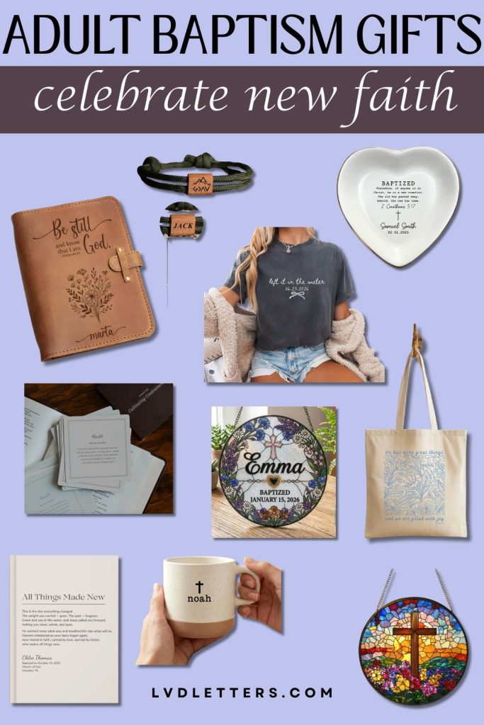 adult baptism gifts - celebrate new faith - heading over collage of baptism gift ideas including prayer journals, verse cards, verse tote, left it in the water tshirt, personalized ring dish, christian bracelet, and more